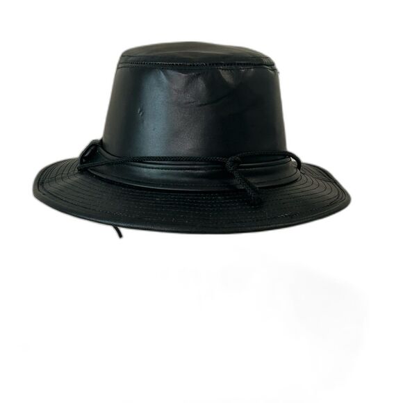 Vintage Fedora Hat Women's Size Med Color Black Leather USA Attached chin strap - Picture 4 of 11